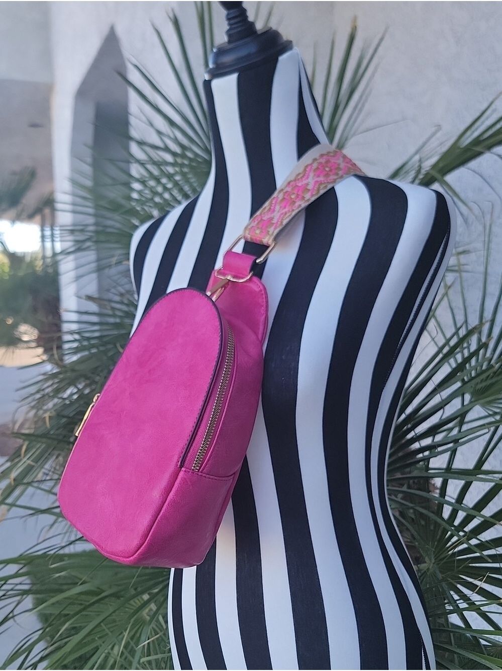Fuchsia Vegan Leather cross body Sling Bag with Guitar Strap - Picture 2 of 9